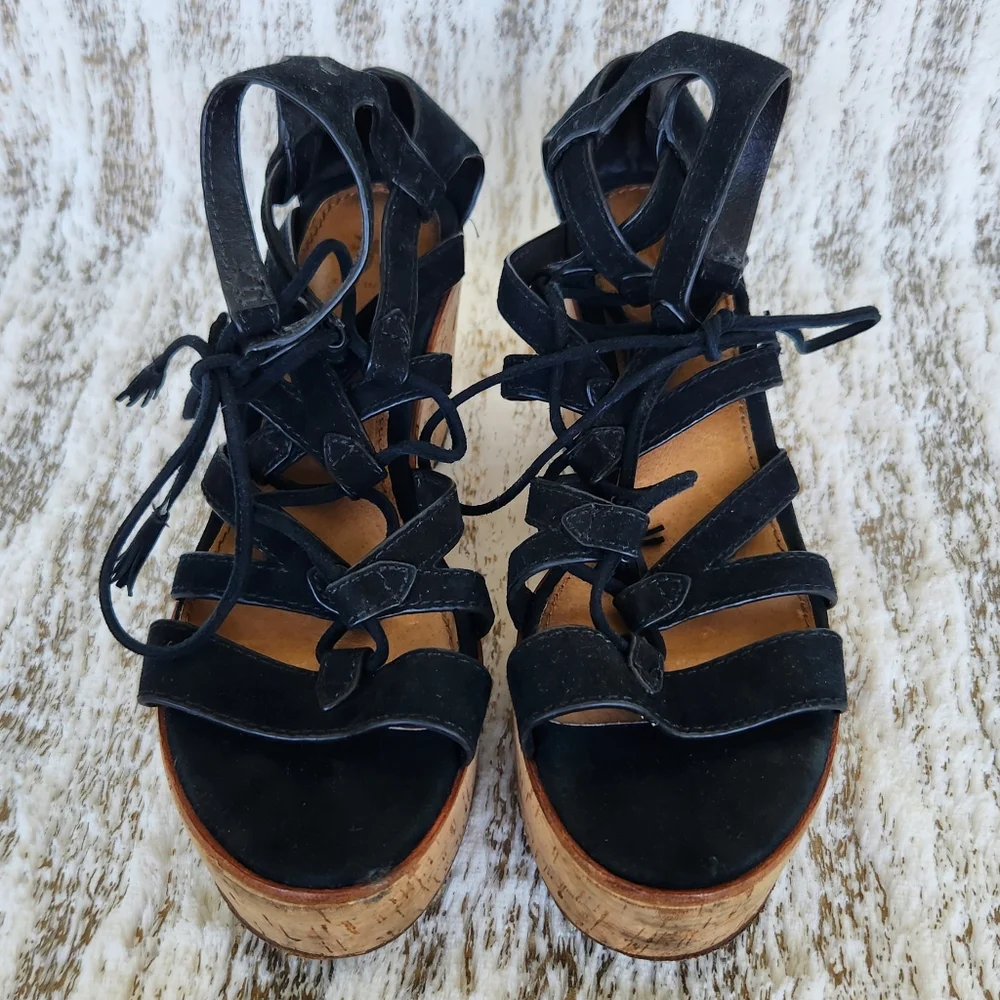 Frye "Heather Gladiator" Platform Wedge Sandal Leather Black | Women's Size 6.5 - Picture 7 of 14